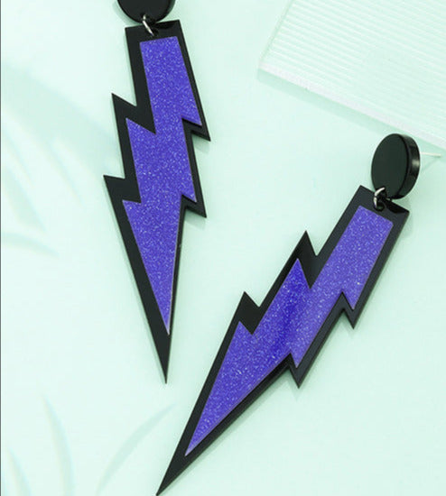 Black/Purple Long Lightening Bolt Sparkle Earrings E139