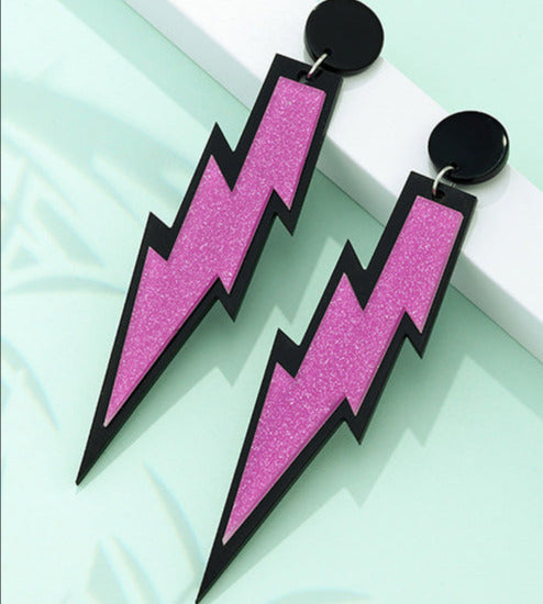 Black/Pink Long Lightening Bolt Sparkle Earrings E139