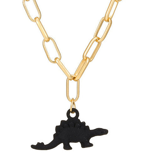 Gold Tone Wide Chain Black Dinosaur Necklace N21
