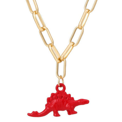 Gold Tone Wide Chain Red Dinosaur Necklace N21