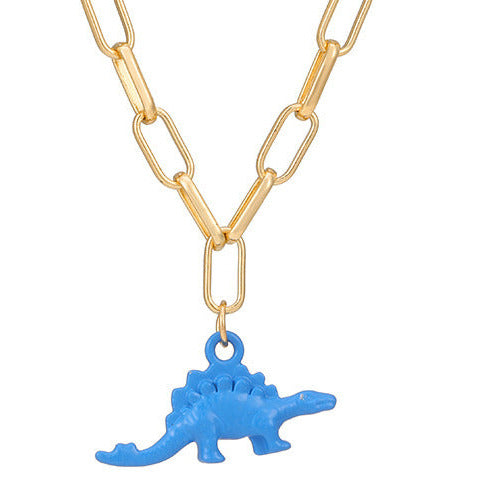 Gold Tone Wide Chain Blue Dinosaur Necklace N21