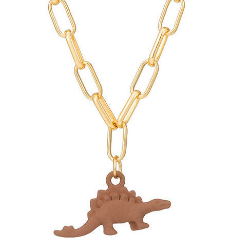 Gold Tone Wide Chain Brown Dinosaur Necklace N21