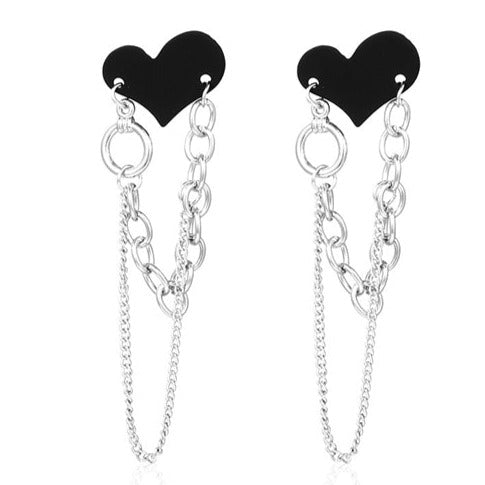 Silver Tone Black Heart & Chains Stud Earrings E207