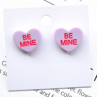 Acrylic Love Heart Sweetie Be Mine Lilac Stud Earrings E111A