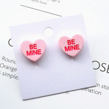 Acrylic Love Heart Sweetie Be Mine Pink Stud Earrings E11B