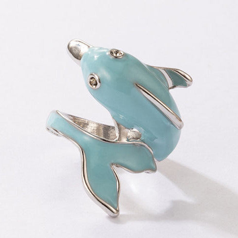 Silver Tone Blue Dolphin Ring R61 Size M