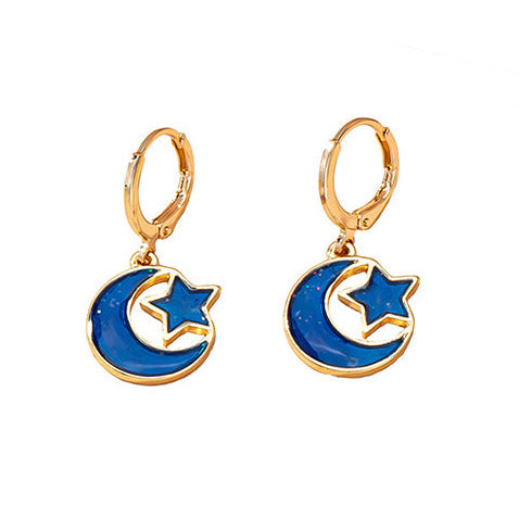 Gold Tone & Navy Small Half Moon & Star Earrings E99