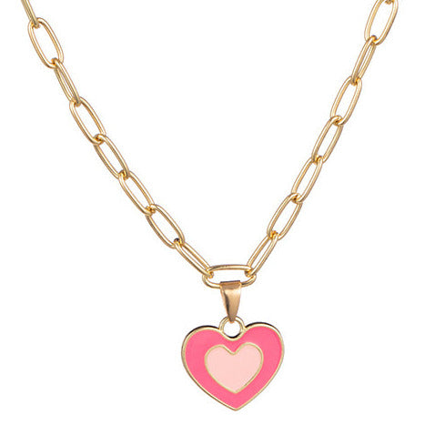 Gold Tone Pink Y2K Heart Necklace N23