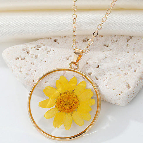 Gold Tone Yellow Pressed Flower Necklace N39