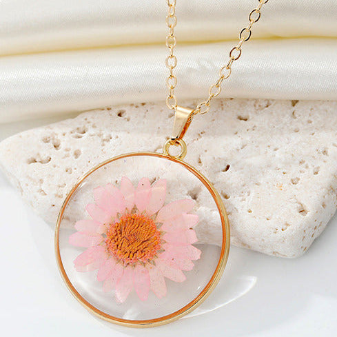 Gold Tone Pink Pressed Flower Necklace N40
