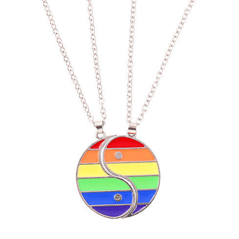 Silver Tone Rainbow Ying Yang x2 Friendship Necklaces N49
