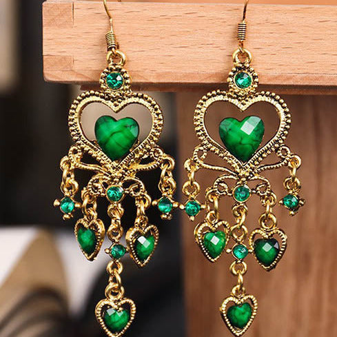 Gold Tone Drop Heart Emerald Green Earrings E122