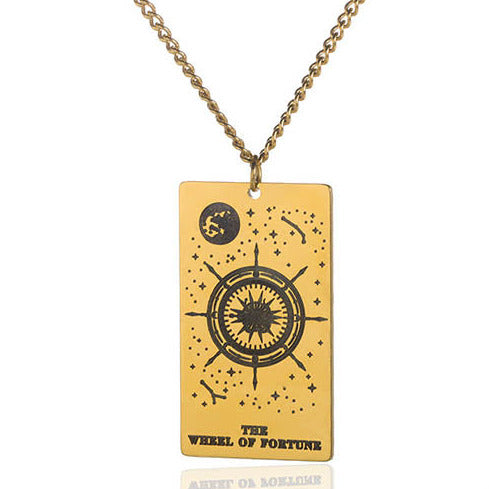Gold Tone Wheel Of Fortune Tarot Card Necklace N41
