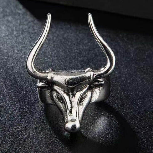 Silver Tone Large Bulls Head Horns Adjustable Ring R66 Size O+