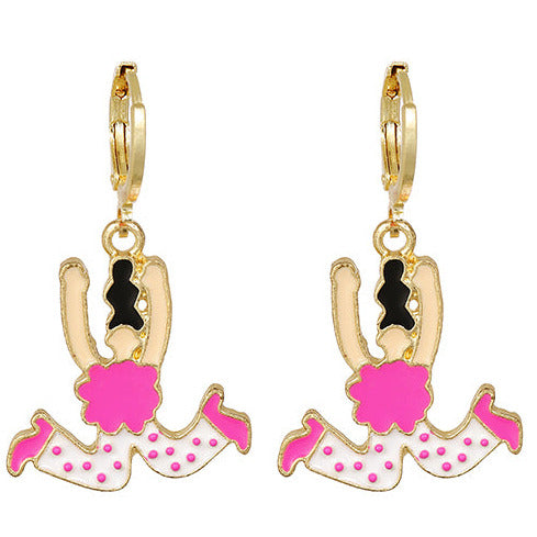 Gold Tone Jumping Pink Girl Earrings E57