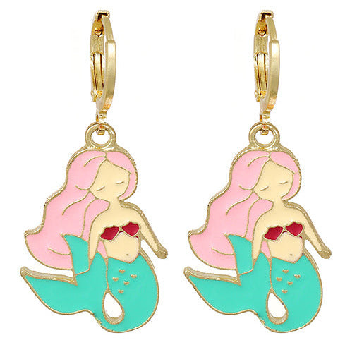 Gold Tone Pink Hair Mermaid Earrings e56