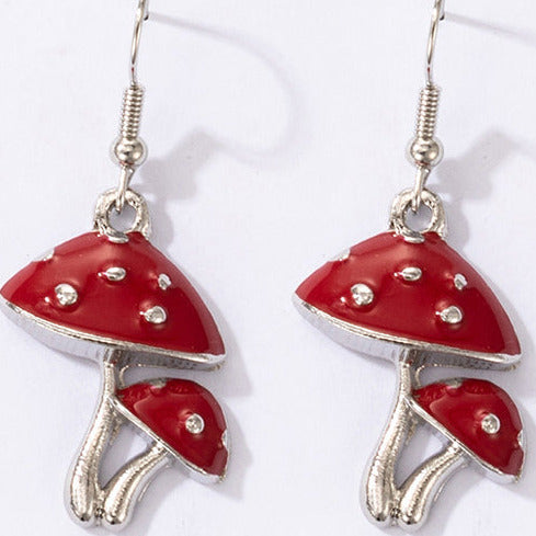 Silver Tone Red Double Toadstool Earrings E89
