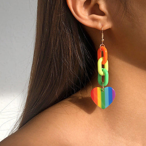 Rainbow Colours Long Hanging Chain & Heart Earrings E8