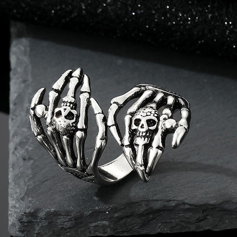 Silver Tone Double Hand Skeleton Large Adjustable Ring R59 Size P+