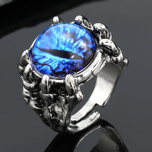 Antique Silver Tone Large Adjustable Claw Blue Eye Ring R49