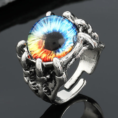 Antique Silver Tone Large Adjustable Claw Multi Colour Eye Ring R50