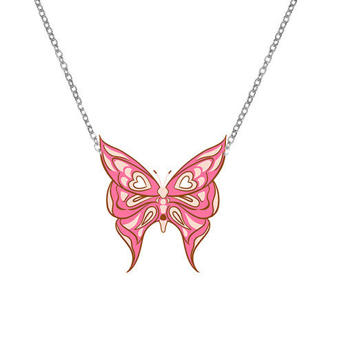 Silver Tone Large Acrylic Pink Butterfly Necklace N30