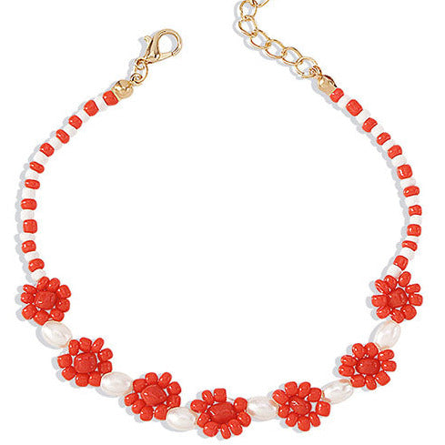 Rice Bead Red/White Large Flower Anklet A6 (Fits up to 30cm width) A2