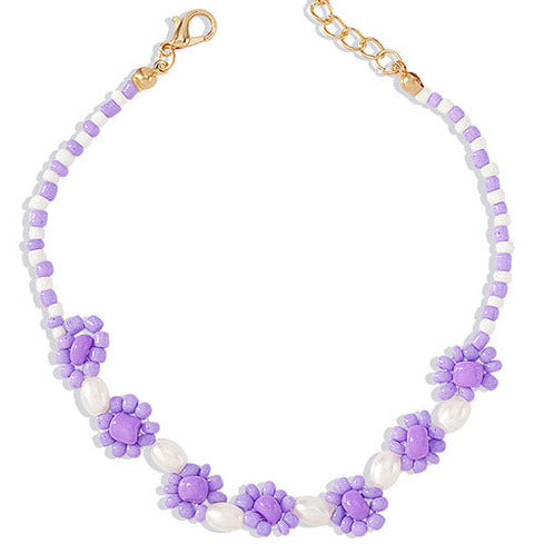 Rice Bead Lilac/White Large Flower Anklet A6 (Fits up to 30cm width) A7