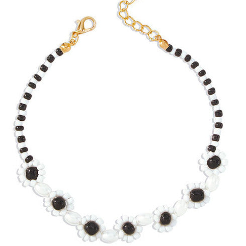 Rice Bead Black/White Large Flower Anklet A6 (Fits up to 30cm width) A4