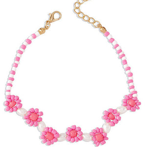Rice Bead Pink/White Large Flower Anklet A6 (Fits up to 30cm width) A3