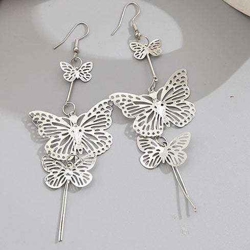 Silver Tone Long Triple Butterfly Earrings E36
