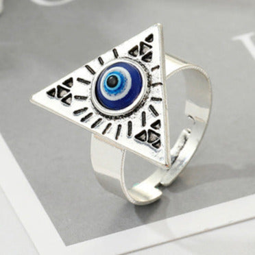 Silver Tone Triangle Evil Eye Ring R56