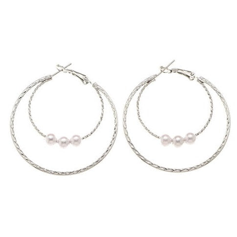 Silver Tone Double Hoop Pearl  Earrings E174