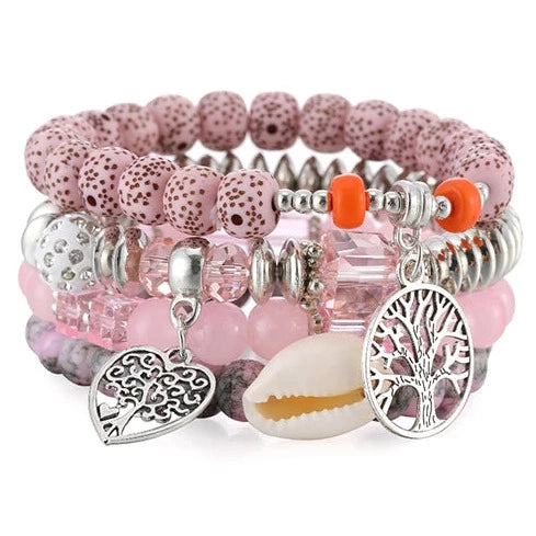 Silver Tone & Pink bead Tree Of Life 4 Layer Bracelet B3