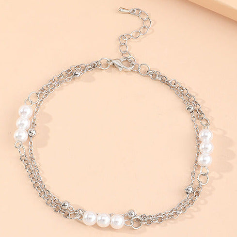 Silver Tone Double Drop Faux Peal Anklet A9