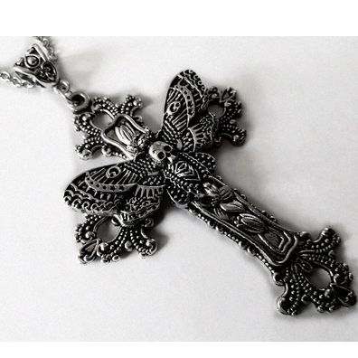 Antique Silver Tone Large Moth Cross Pendant Necklace N86