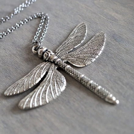 Silver Tone Large Dragonfly Pendant Necklace N95