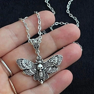 Silver Tone Death Moth Pendant Necklace N91