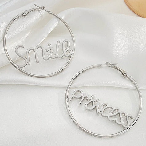 Silver Tone 'Smile' 'Princess Hoop Earrings E188