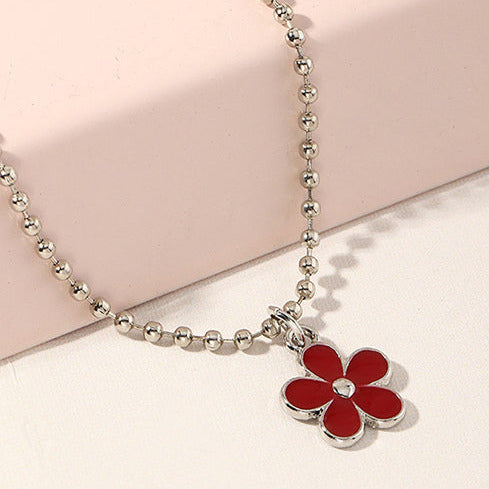 Siver Tone Small Red Flower Necklace N25