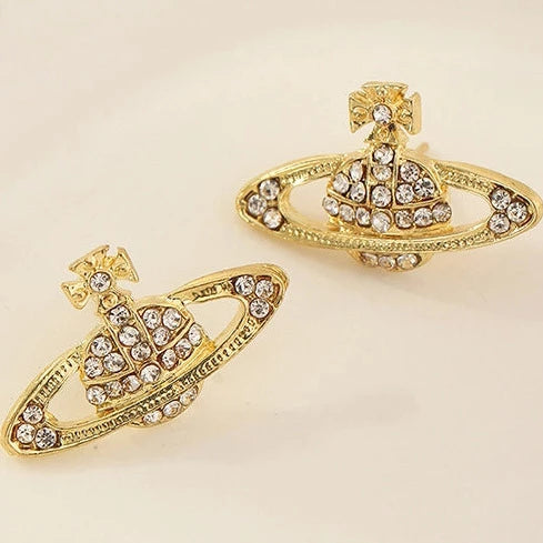 Gold Tone Diamante Westwood Style Planet Stud Earrings E108