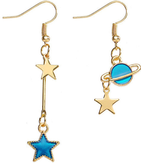 Gold Tone Hanging Planet & Stars Blue Earrings E39