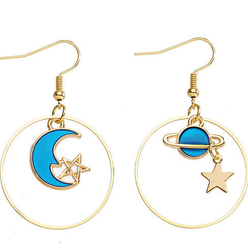 Gold Tone Hoop & Hanging Blue Moon/Planet Earrings E37
