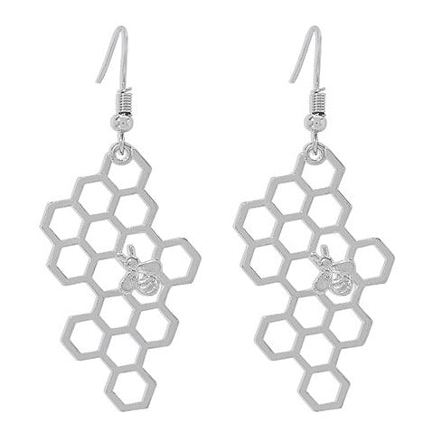 Silver Tone Bee Hive Honeycomb Earrings E44