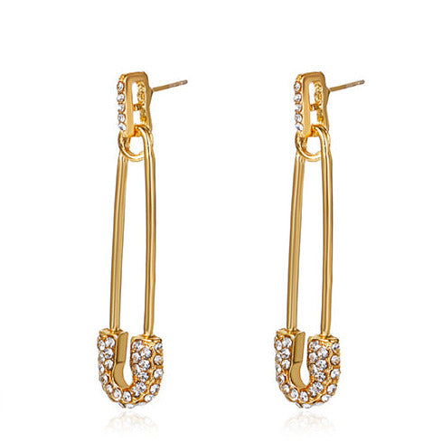 Gold Tone Diamante Safety Pin Style Earrings E35