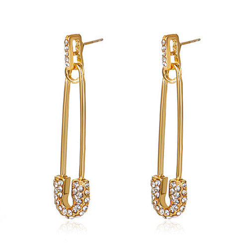 Gold Tone Diamante Safety Pin Stud Earrings E136