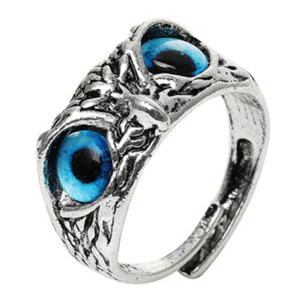 Silver Tone Alloy Blue Eye Owl Adjustable Ring R41