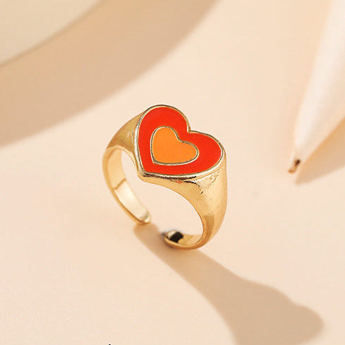 Gold Tone REd/Orange Heart Y2K Adjustable Ring R9