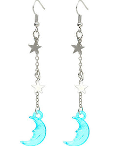 Silver Tone Resin Blue Moon & Star Earrings E63