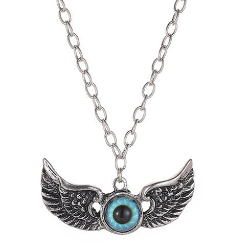 Silver Tone Large Wings & All Seeing Eye Pendant Necklace N16